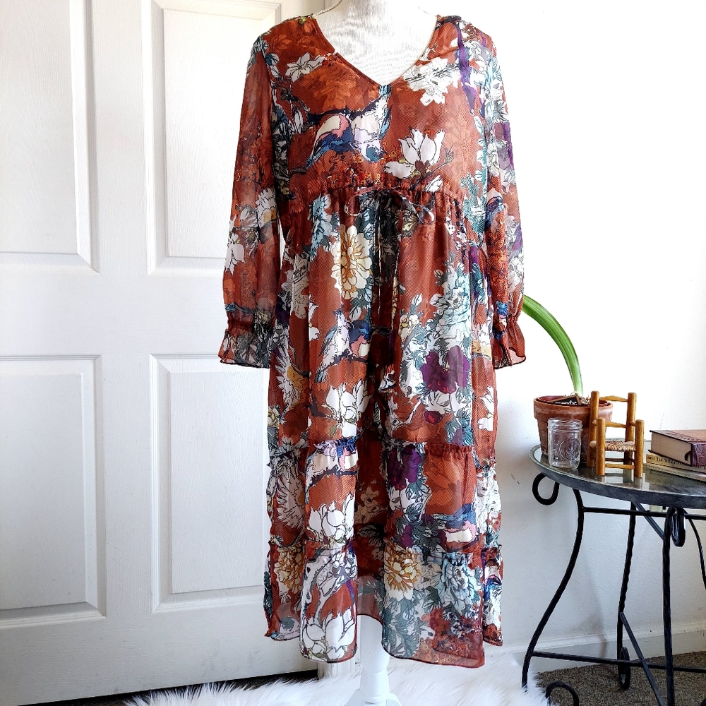 Hemant and Nandita brown floral bird popover dress